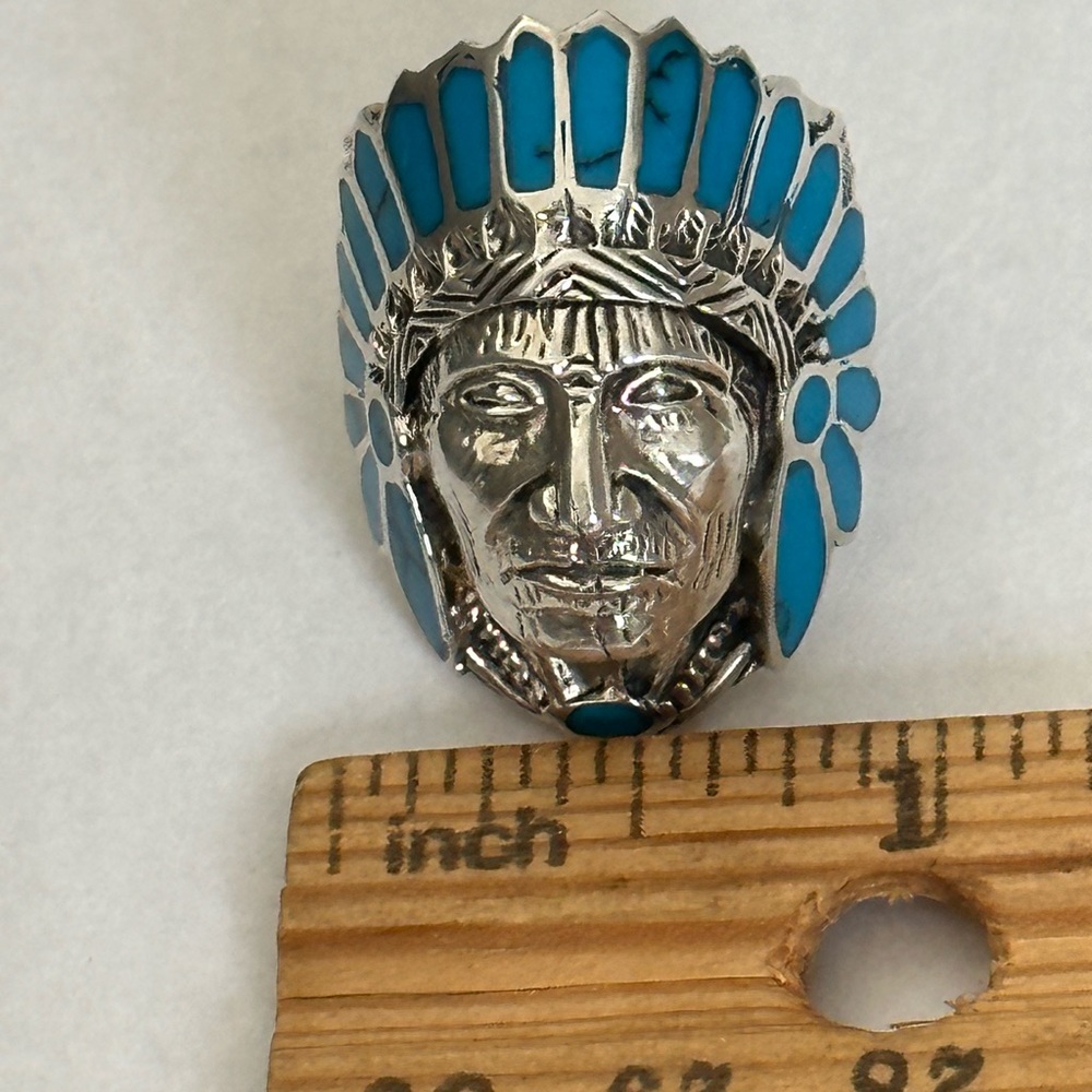 925 Silver Apache Turquoise Blue Native American Indian Chief Warrior ring - Picture 3 of 5